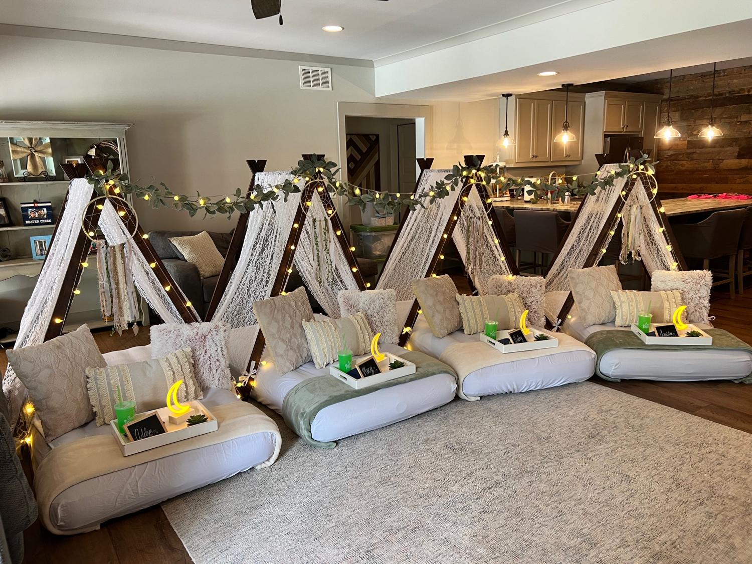 Boho Garden sleepover with lace tents and sage green accents