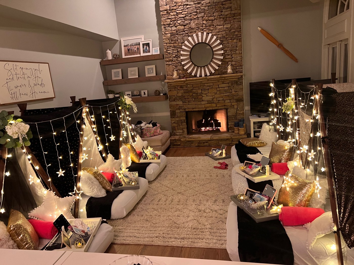 Glitzy Girls Night In sleepover setup by Sweet Home Campers