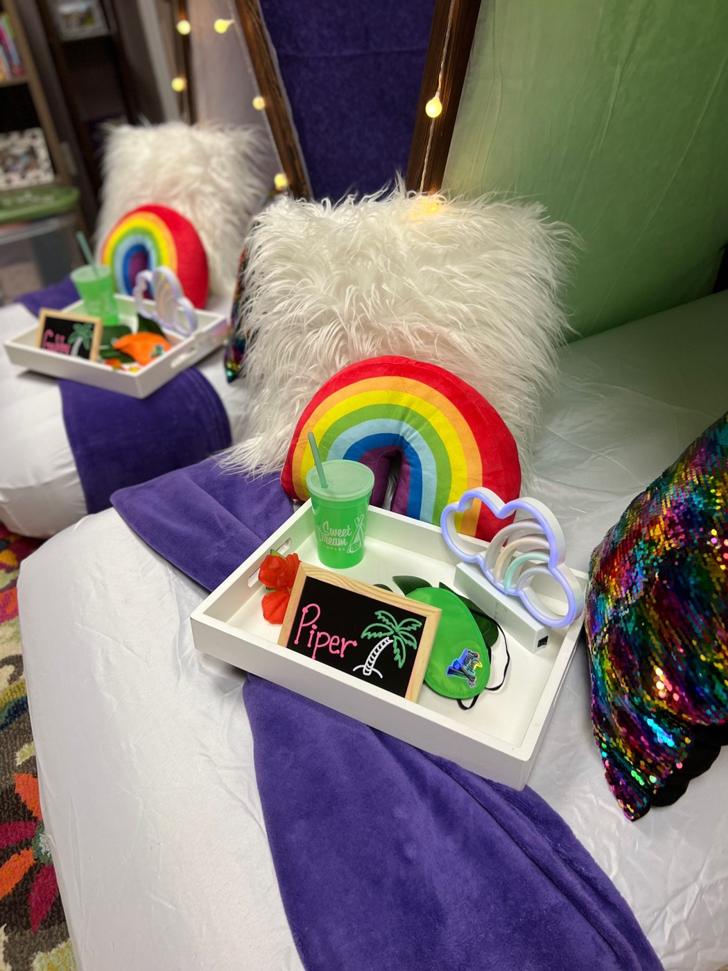 Somewhere Over the Rainbow sleepover setup by Sweet Home Campers