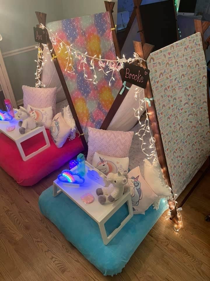 Up All Night Unicorn sleepover setup by Sweet Home Campers